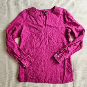 Lauren Ralph Lauren Magenta Pink Linen V Neck Long Sleeve Tunic Top Women S